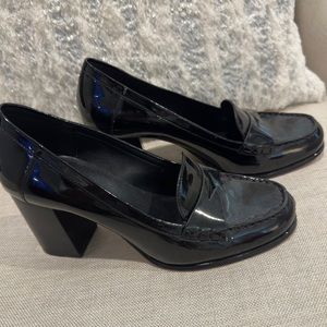 Patent heeled loafers